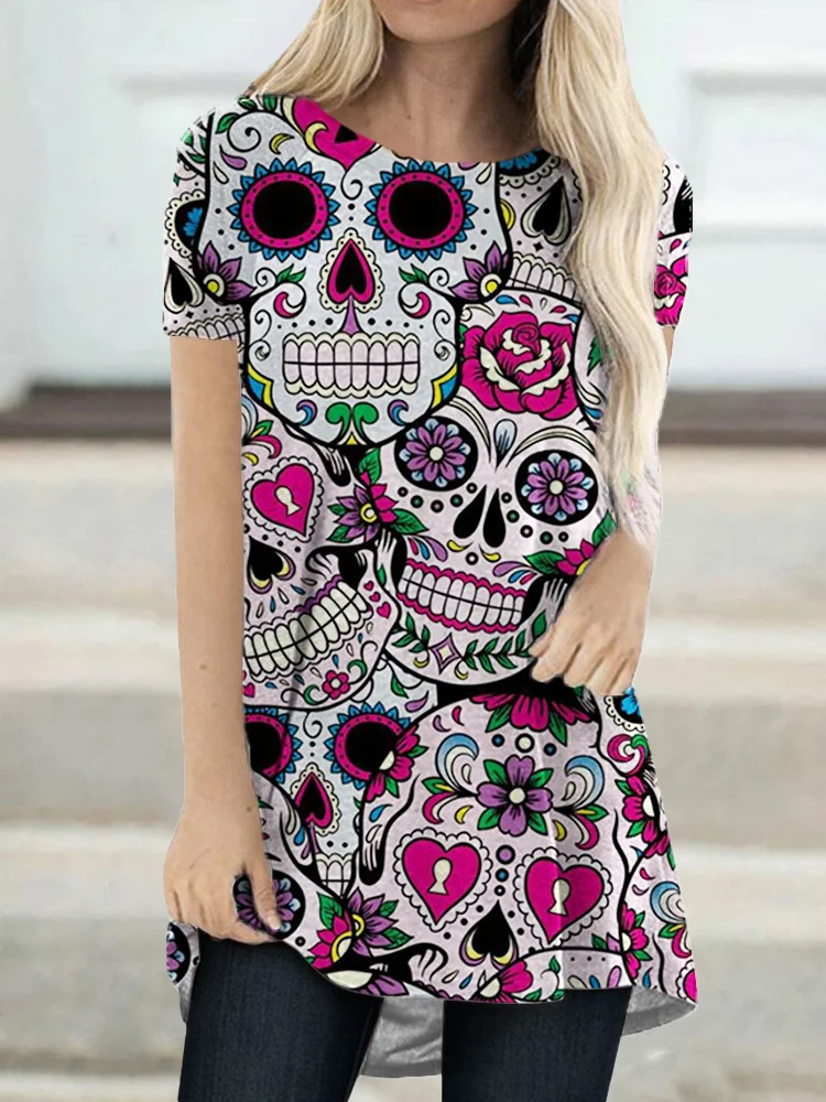 Vefave Fancy Sugar Skulls Art A Line T Shirt