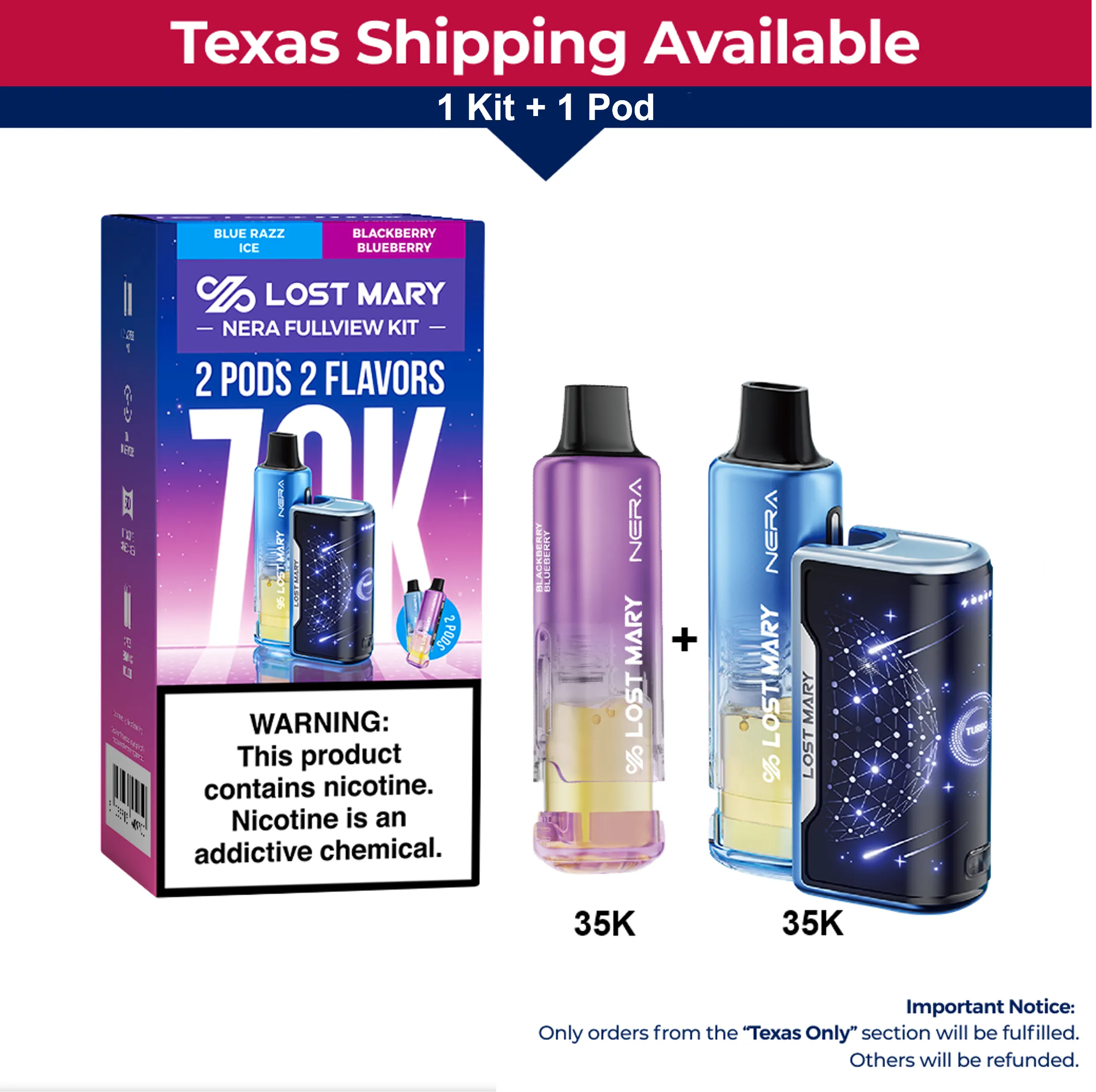 Texas Only Lost Mary Nera Fullview 70K vape kit, 1 Kit + 1 Pod.