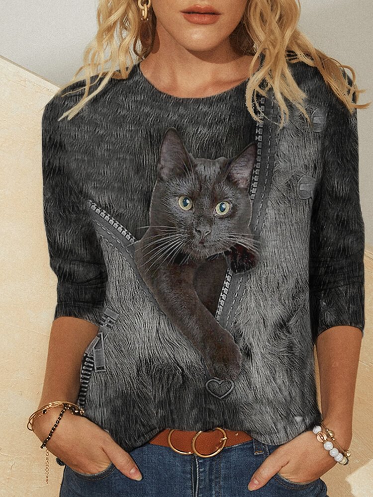Cute Cat Print O neck Long Sleeve Casual T shirt for Women P1790657