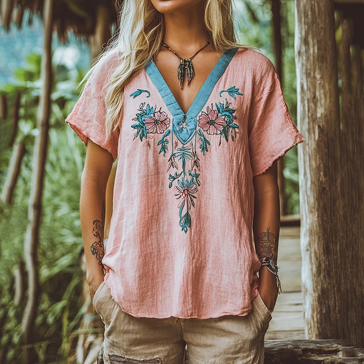 Women's Floral Blue And Pink Embroidery V Neck Casual Linen Top