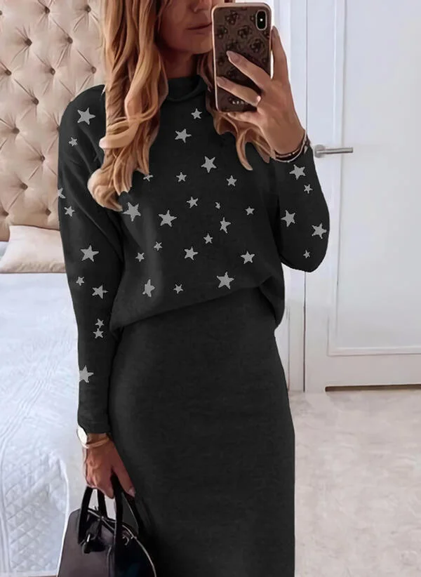 Star Print Top And Skirt Casual Sweater Two-piece Set