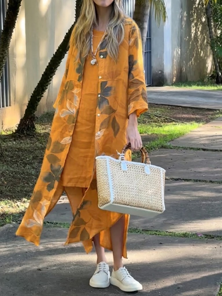 Casual Loose-fit Floral Print Linen & Cotton Two-piece Set: Cardigan And Sleeveless Dress