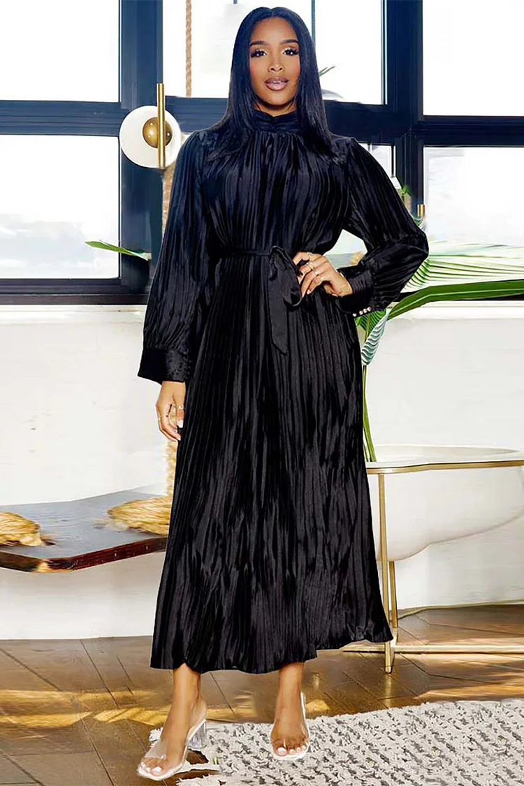 Pleated Mock Neck Long Sleeve Tie Up A-Line Maxi Dresses