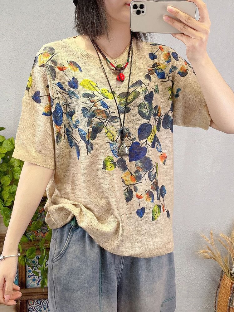 Women Leaves Print Loose Knitted O neck Short Sleeve Vintage T Shirt P1838013