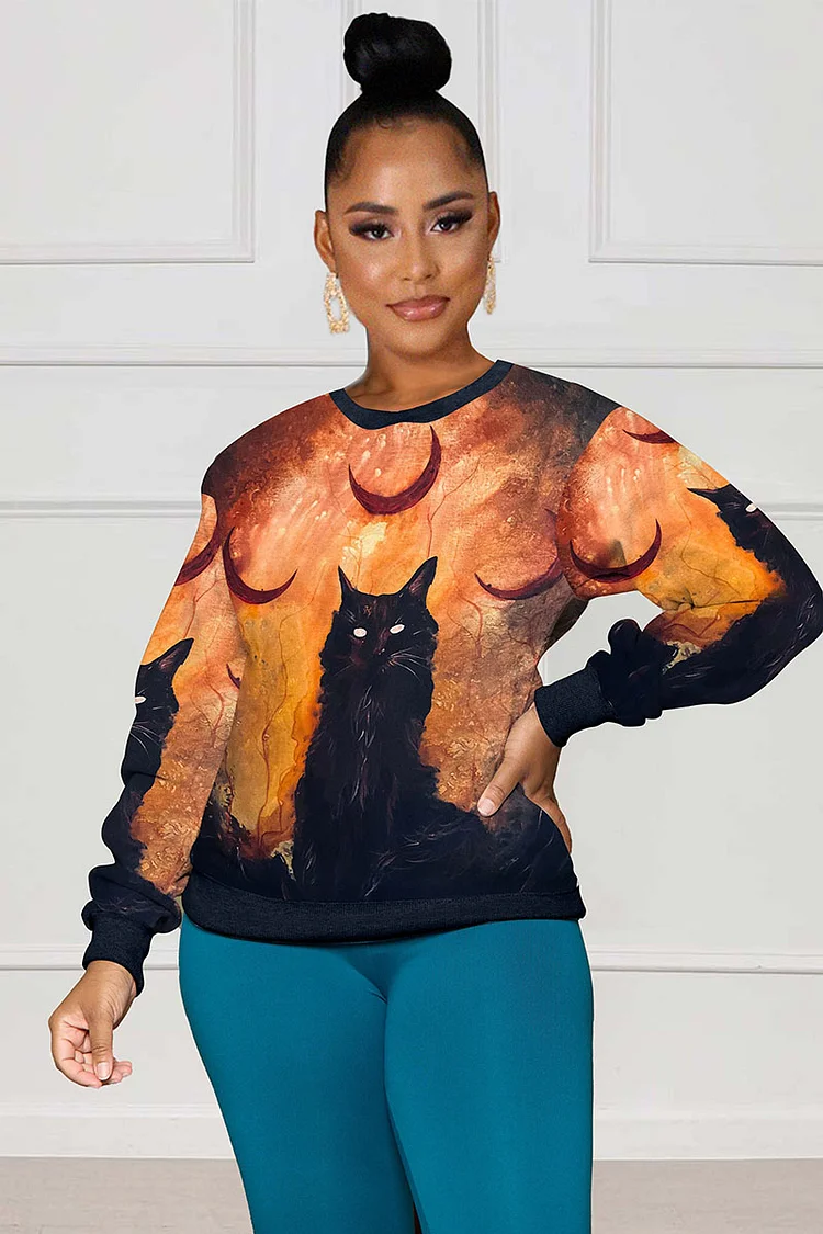 LORAGAL Black Cats Long Sleeve Halloween Print Sweatshirts