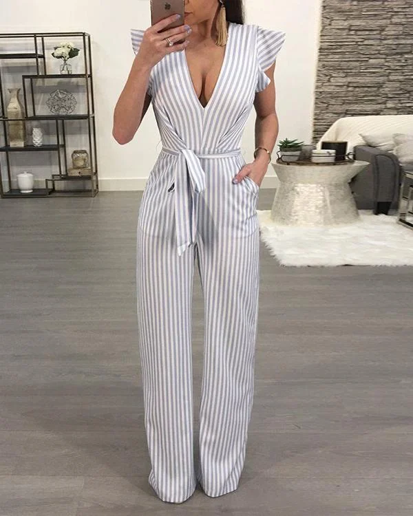 fashion belt backless v neck stripe jumpsuit p119858
