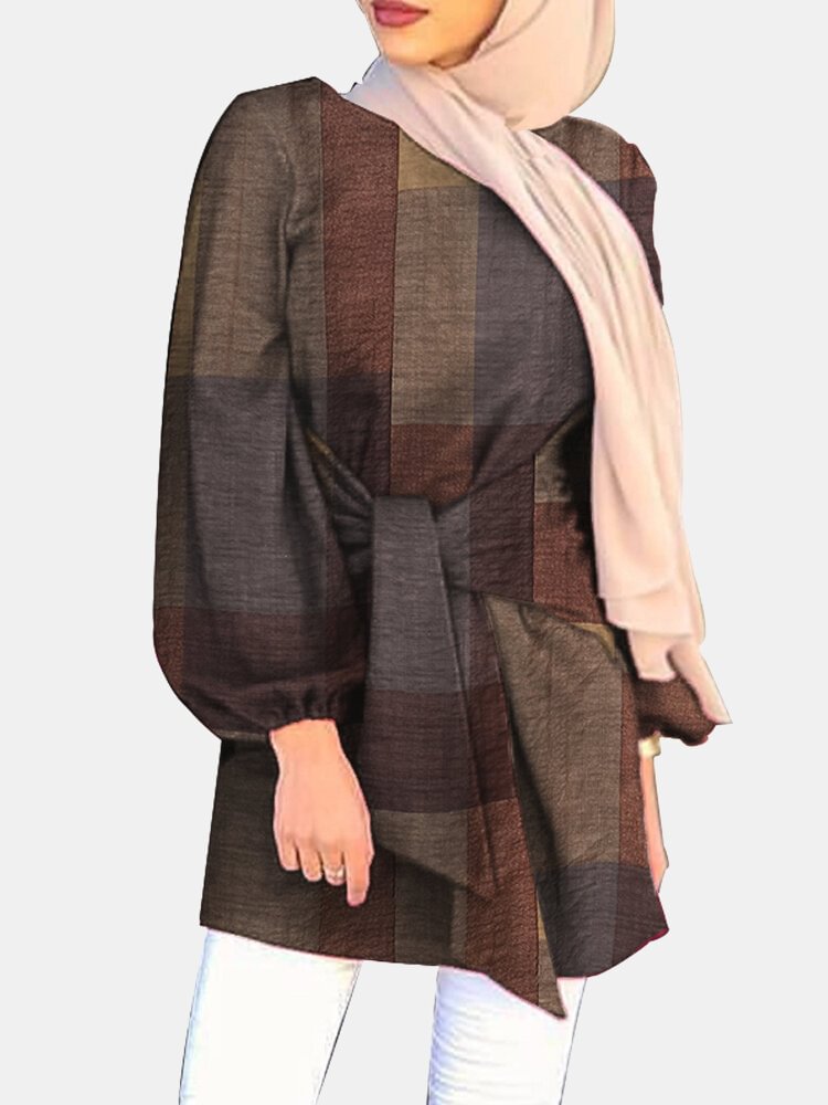 Ethnic Plaid Print Puff Sleeves Casual Blouse For Women P1783640