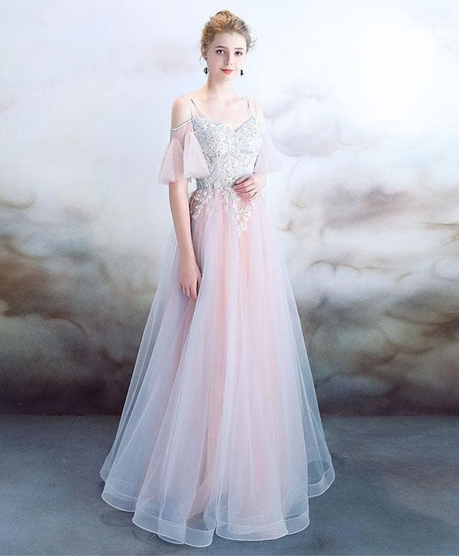 Elegant Light Pink Tulle Long Prom Dress, Pink Evening Dress