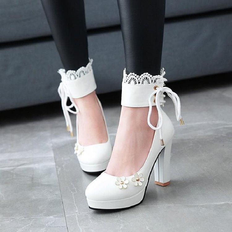 Pink/White/Black Sweet Lace Flower Lolita High Heel Shoes SP14072