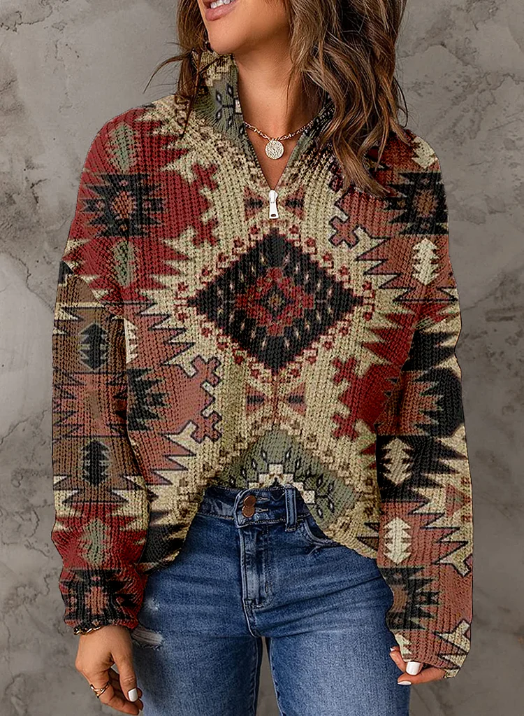 Women's Retro Fashion Ethnic Print Zipper Collar Sweater