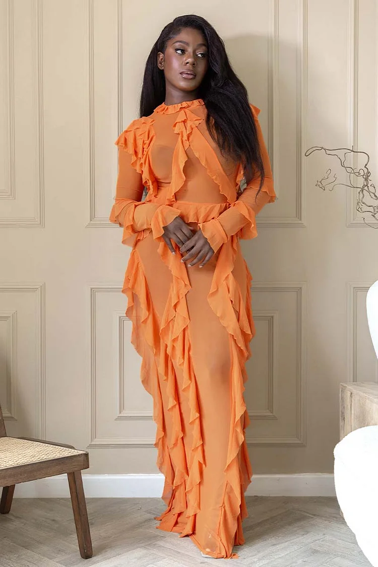Long Sleeve High Neck Irregular Ruffle Garden Party Maxi Dresses-Orange