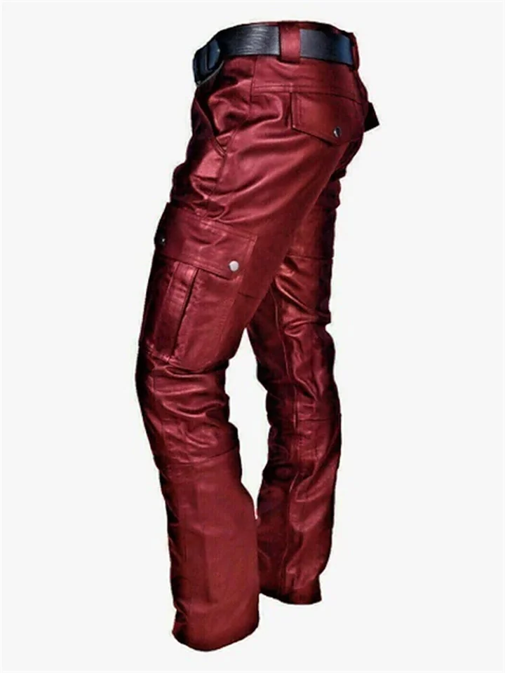 Men's Faux Leather Pants Trousers Casual Pants Multi Pocket Solid Color Streetwear PU Fashion Black Red