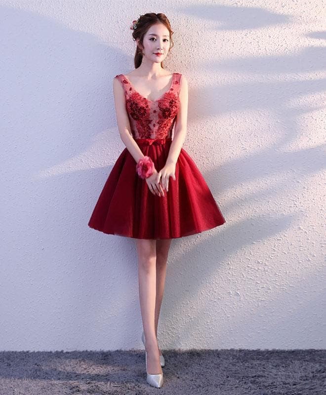 Burgundy V Neck Tulle Short Prom Dress