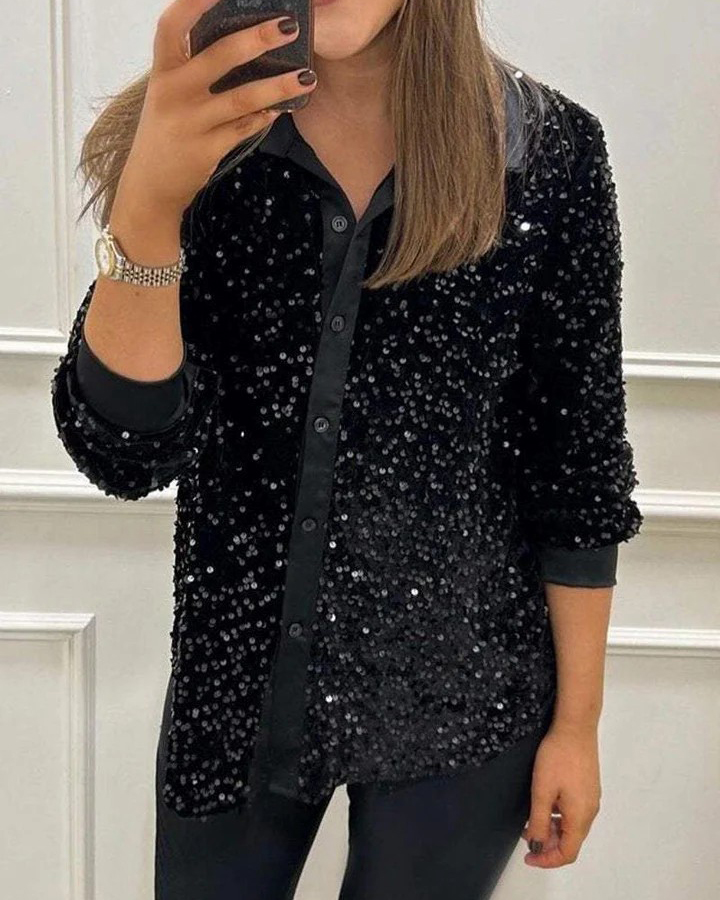 Sequined Contrast Long Sleeve Button Down Shirt