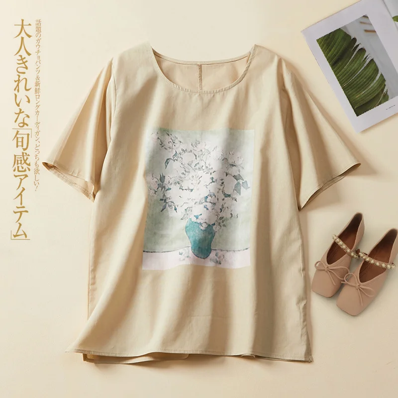 Women's Cotton Linen T-Shirt Vintage Floral Print U Neck Loose Oversize Top