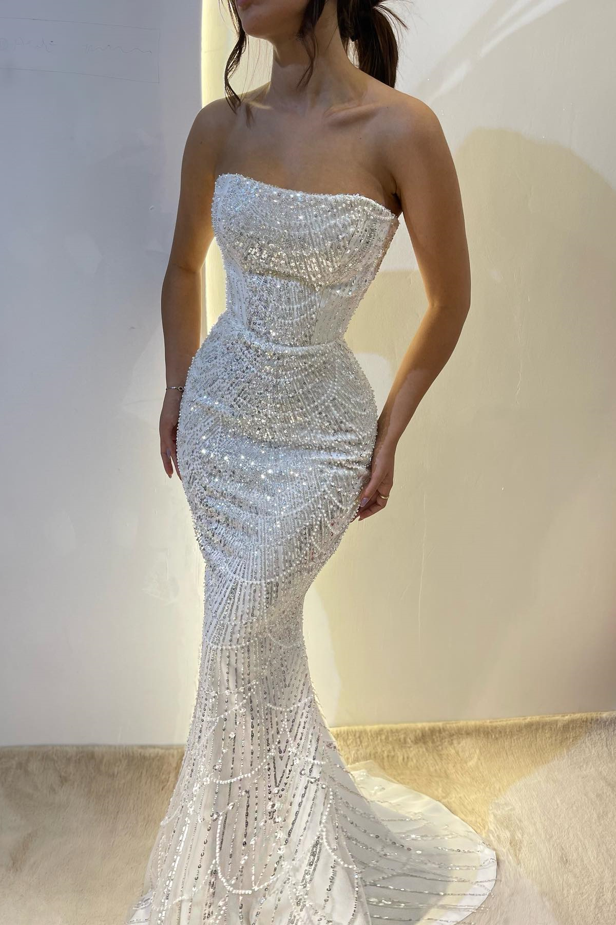 Dresseswow White Strapless Mermaid Evening Gown With Sequins Pearls