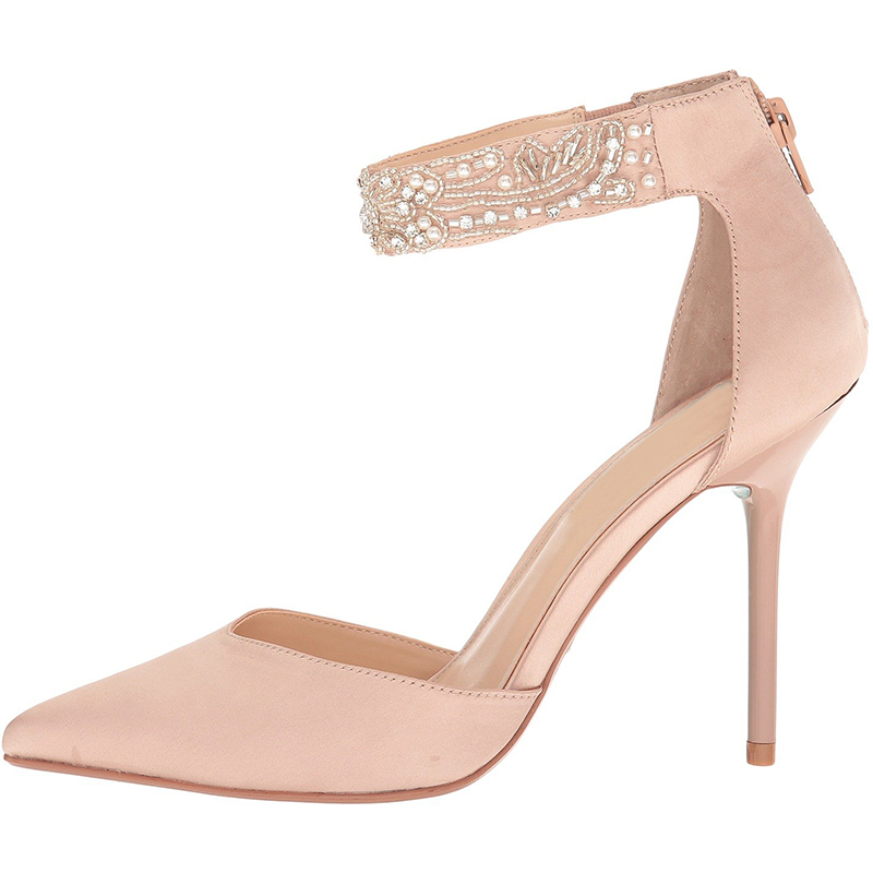 Blush Satin Pointy Toe Beaded Ankle Strap Heels PumpsFSJshoes