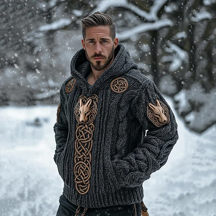Men's Viking Tribal Wolf Totem Inspired Chunky Knit Pocket Hooded Sweater