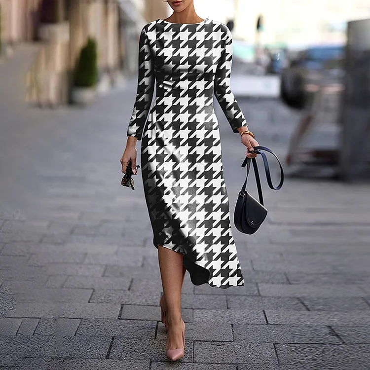 Vefave Houndstooth Print Irregular Hem Midi Dress