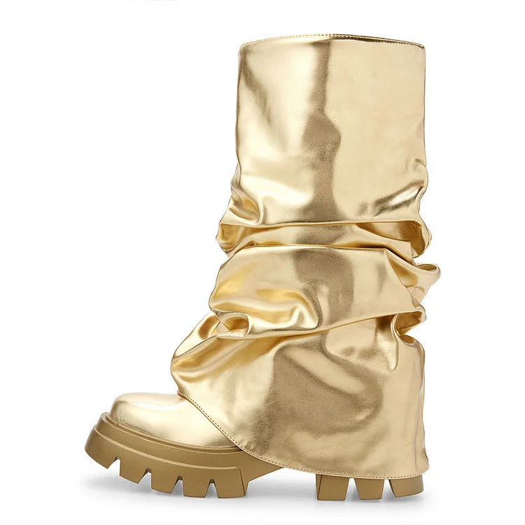 Metallic Gold Mid-Calf Fold-Over Platform Boots with Chunky Heels |FSJ Shoes