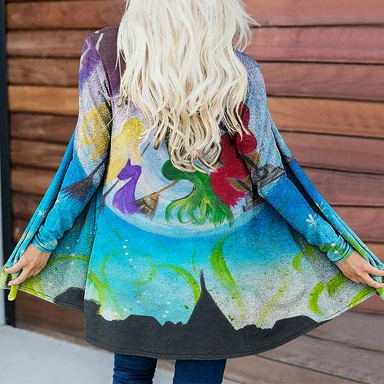 Casual Witch Print Long Sleeve Cardigan