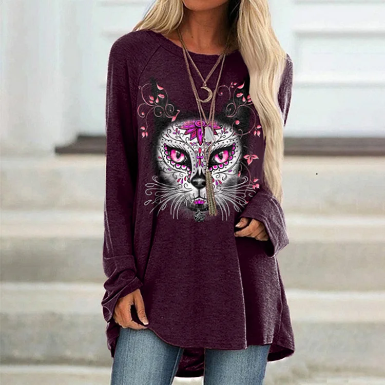 Vefave Day Of The Dead Print Crew Neck Casual Tunic