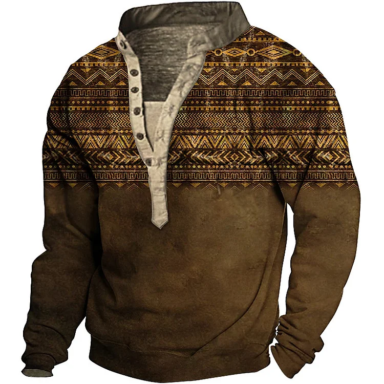 Men's V-neck printed casual western style long sleeve top