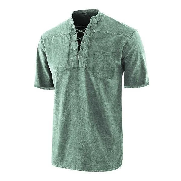 Men Gothic Retro T Shirt Lace-up V-neck Linen Pocket Short Sleeve Tee Shirt Loose Tops