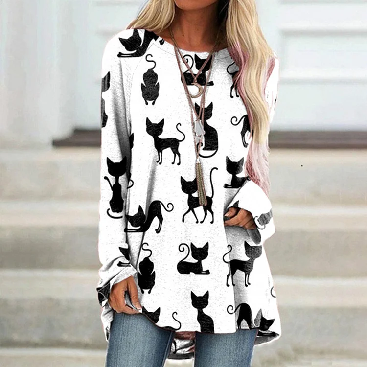 Vefave Vefave Vefave Casual Black Cat Print Long Sleeves Tunic