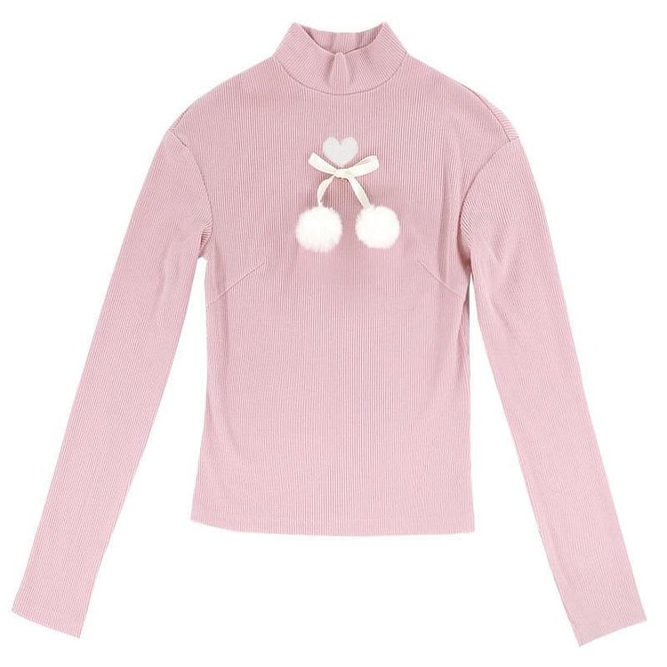 Cute Love Heart Embroidery Fuzzy Ball Turtleneck Top SS0981