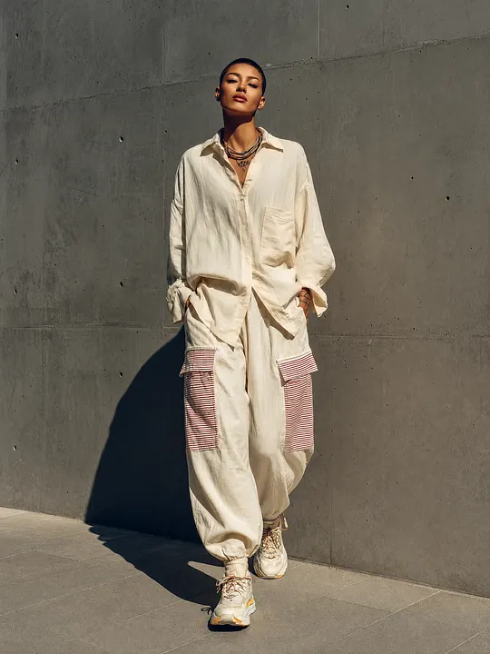 Women's Cream Linen Oversized Pocket Shirt Red White Stripe Patch Cargo Jogger Pants Two Piece Outfit Set MD
