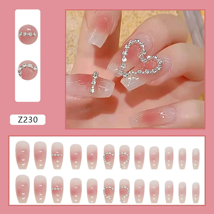 Nail Stickers Wearable Nail Tip Ice-Transparent Blush Heart-Shaped Diamond-Matching Wearable Nail Detachable Fake Nail Tip Nail Tip