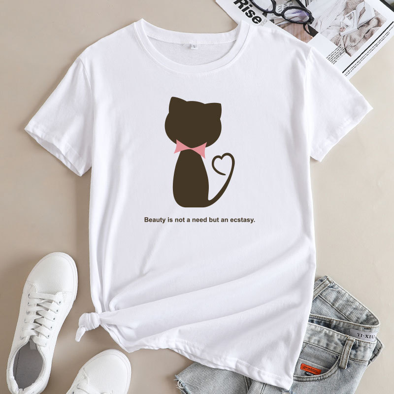 Beauty Is Not A Need But an Ecstasy Cat Print Women's Cotton T-Shirt | ARKGET