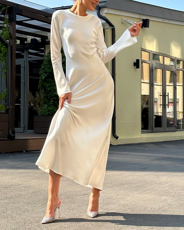 Women's solid color long sleeve round neck dress