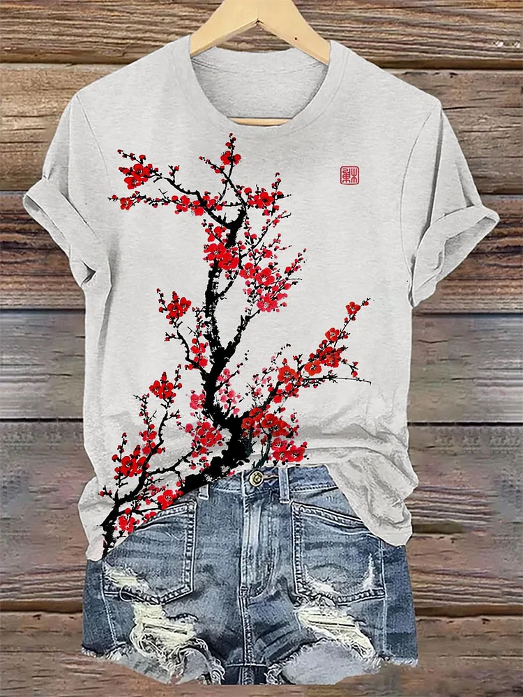 Women's Red Plum Blossom Art Print Crew Neck Top socialshop