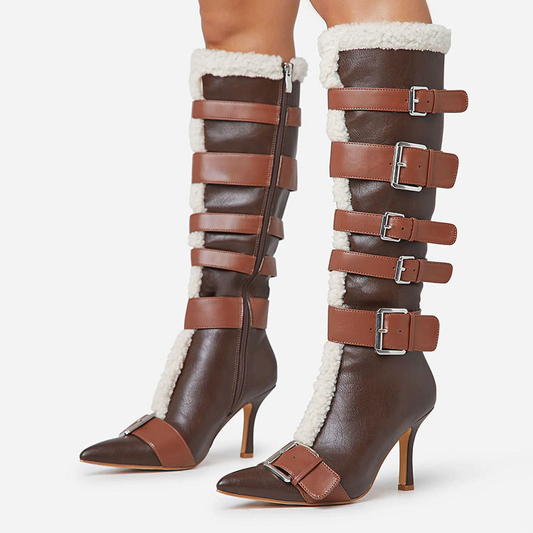 Brown Faux Shearling Shoes Buckle Stiletto Knee High Boots |FSJ Shoes