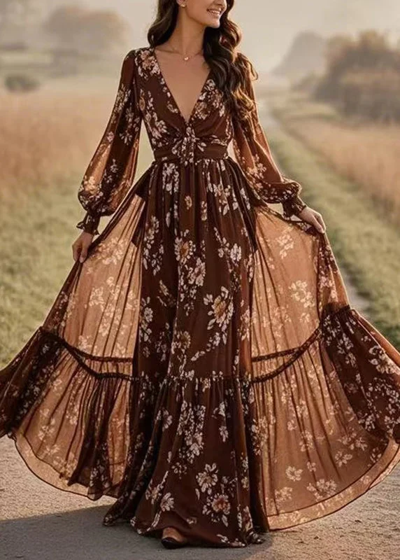 Loose Chocolate Patchwork Tunic Chiffon Long Dresses Lantern Sleeve Spring