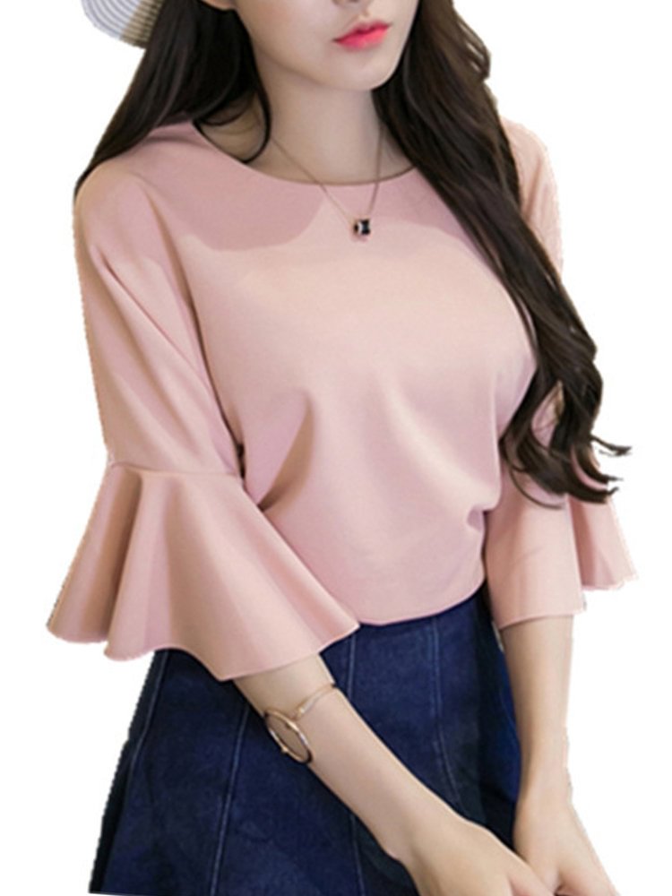 Solid Color O neck Bell Sleeve T shirts P1353110