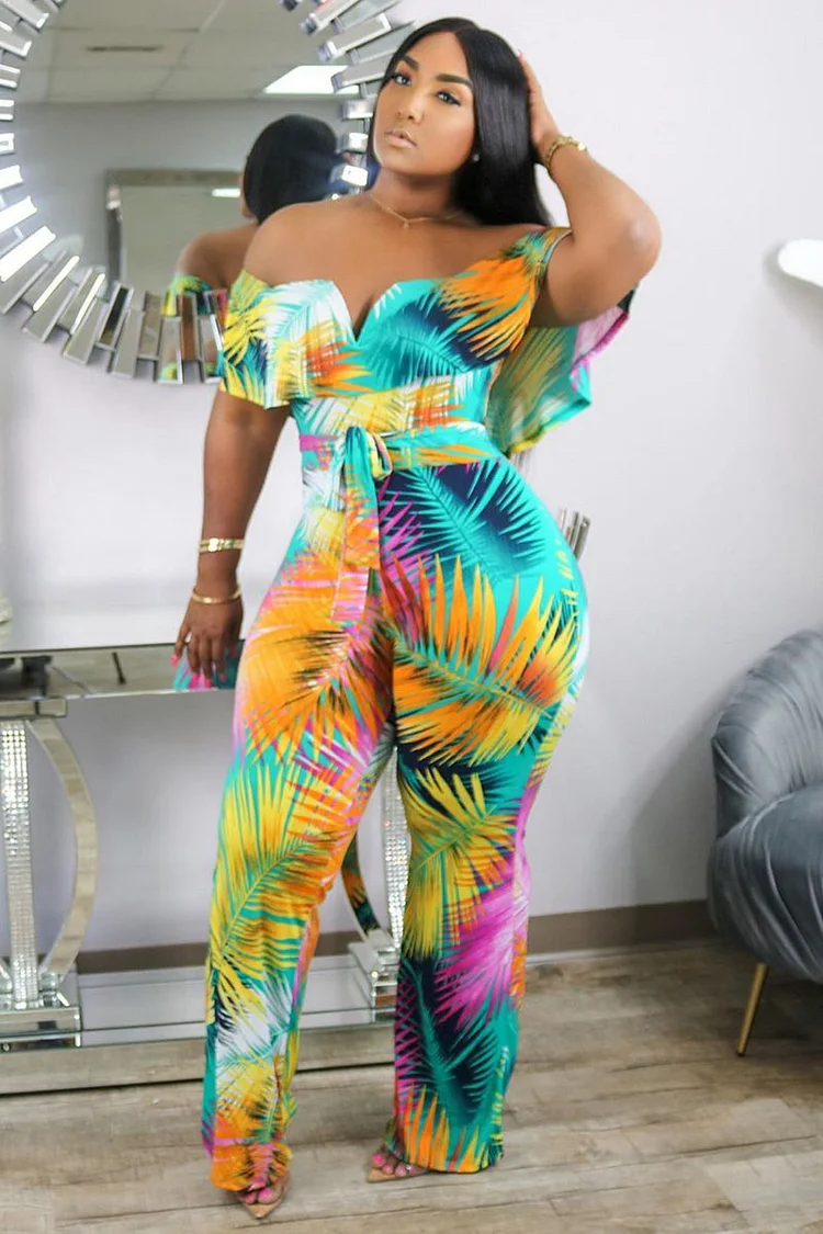 Tropical Print Off Shoulder Ruffled Sleeve Bodycon Straight Leg Vacation Jumpsuit