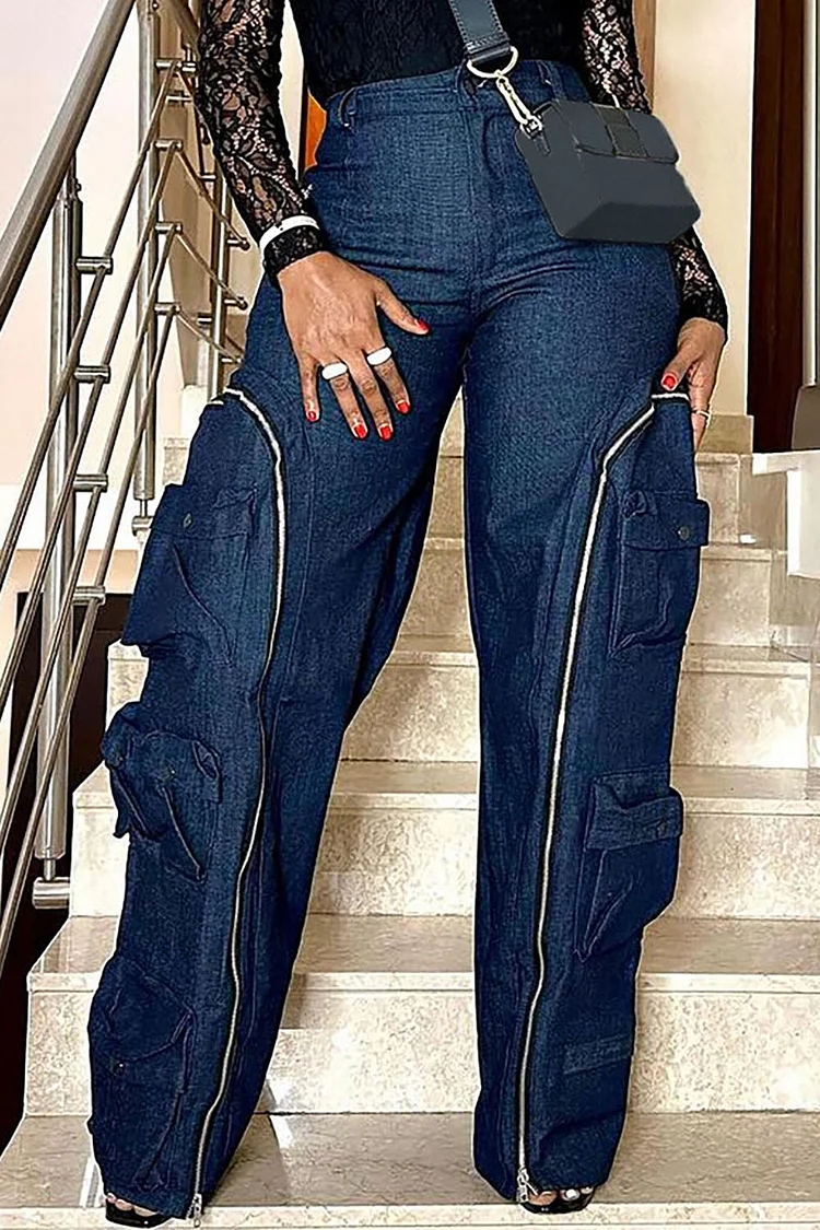 Plus Size Daily  Jeans Casual Blue Long   Pocket Cargo Denim Jeans