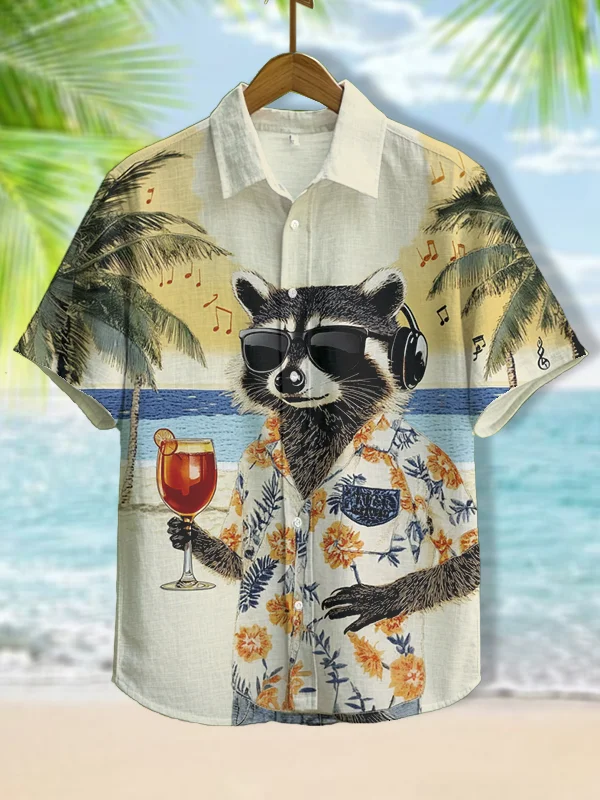 Men's Raccoon Listening To Music Art Print Short Sleeve Shirt