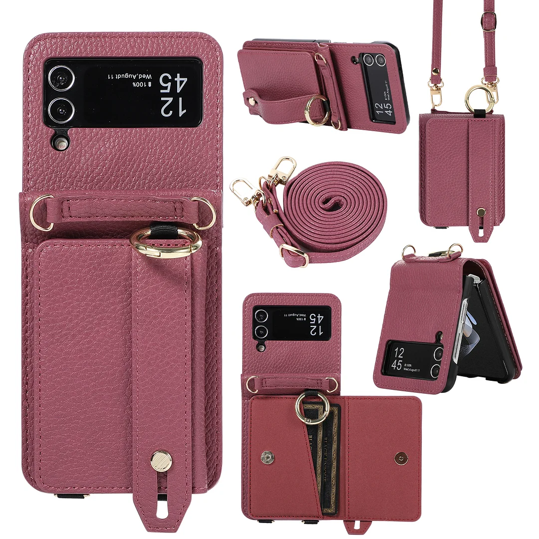 Luxury Crossbody Leather Phone Case With 2 Cards Slot,Kickstand,Detachable Lanyard,Wristband And Hinge For Galaxy Z Flip3/Z Flip4/Z Flip5