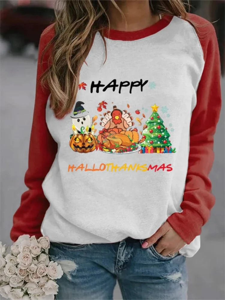 Vefave Ghost Turkey Christmas Tree Print Contrast Sweatshirt