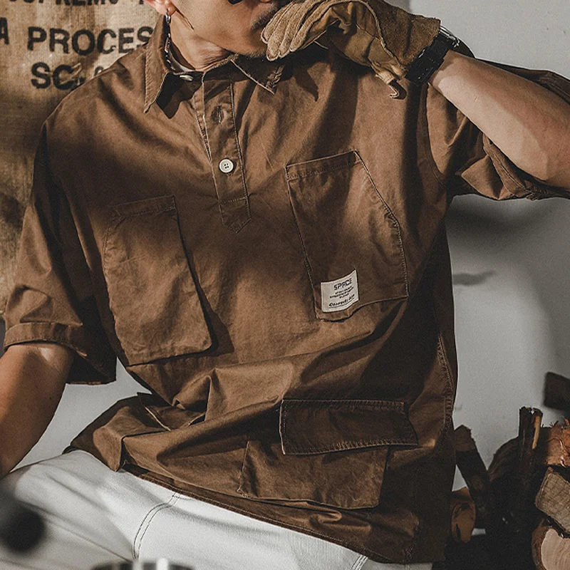 Vintage Washed Distressed Workwear Short-Sleeved Shirt
