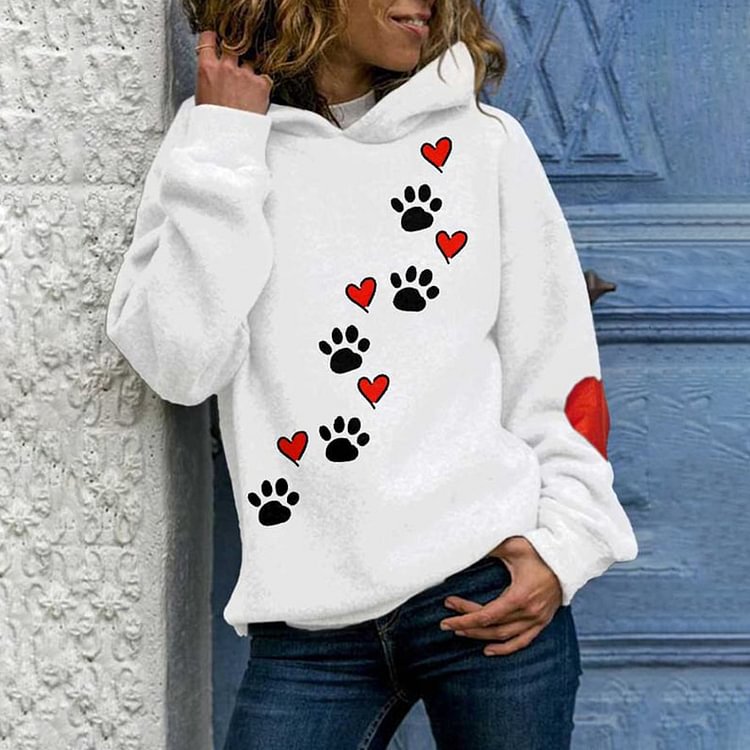 Comstylish Heart Dog Paw Print Long Sleeve Hoodie