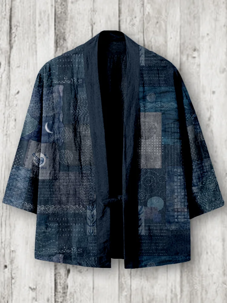 Comstylish Vintage Japanese Sashiko Patterns Linen Blend Kimono Cardigan