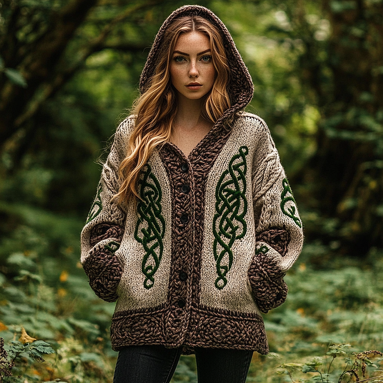 Vintage Irish Celtic Chunky Needle Comfortable Warm Hooded Cardigan Sweater