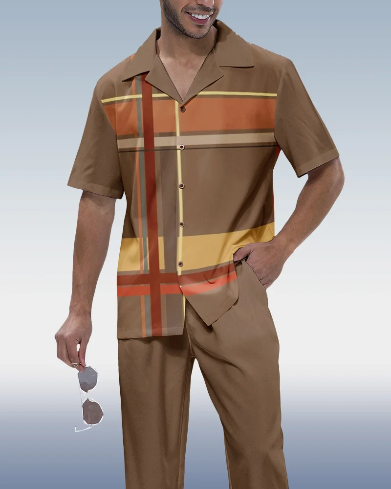 Suitmens Men's Check Print Short Sleeve Shirt Walking Set 290