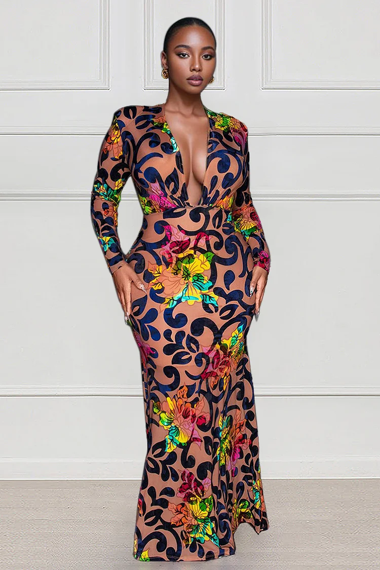 Floral Print Deep V Neck Long Sleeve Bodycon Gowns Maxi Dresses