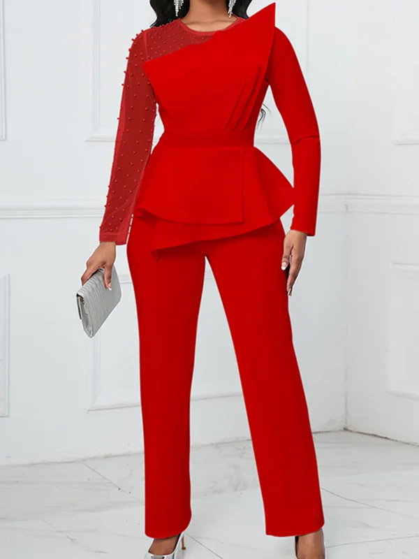 Asymmetric Beaded Mesh Split-Joint High Waisted Long Sleeves Round-Neck Jumpsuits